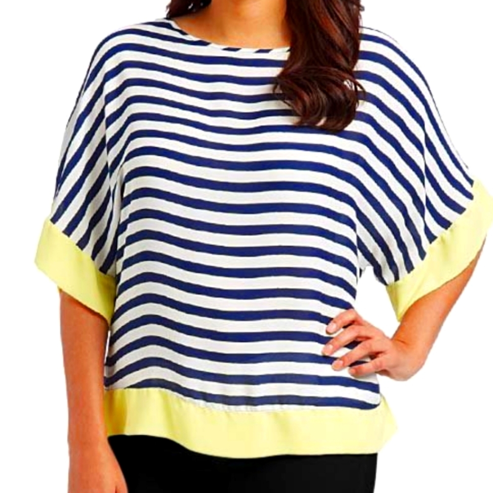 Yellow, Navy, & White Stripe Cape Sleeve Top